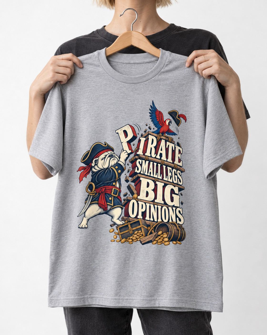 Pirate English Bulldog Big Opinions T-Shirt in Sport Grey, held up on a hanger