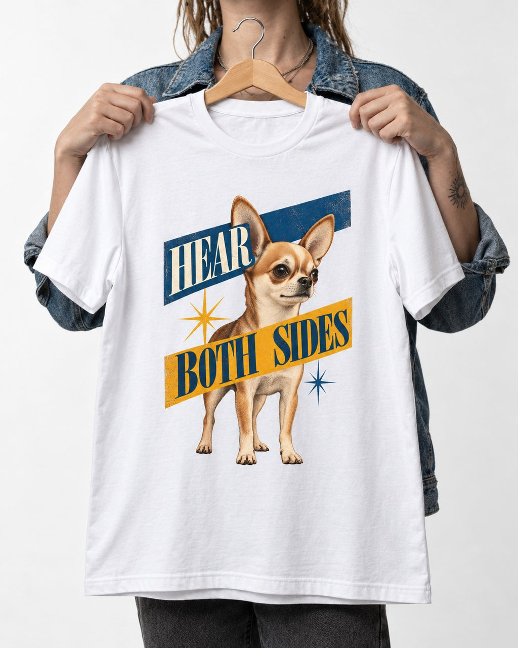 Chihuahua Hear Both Sides Banner Graphic T-Shirt in White, held up on a hanger