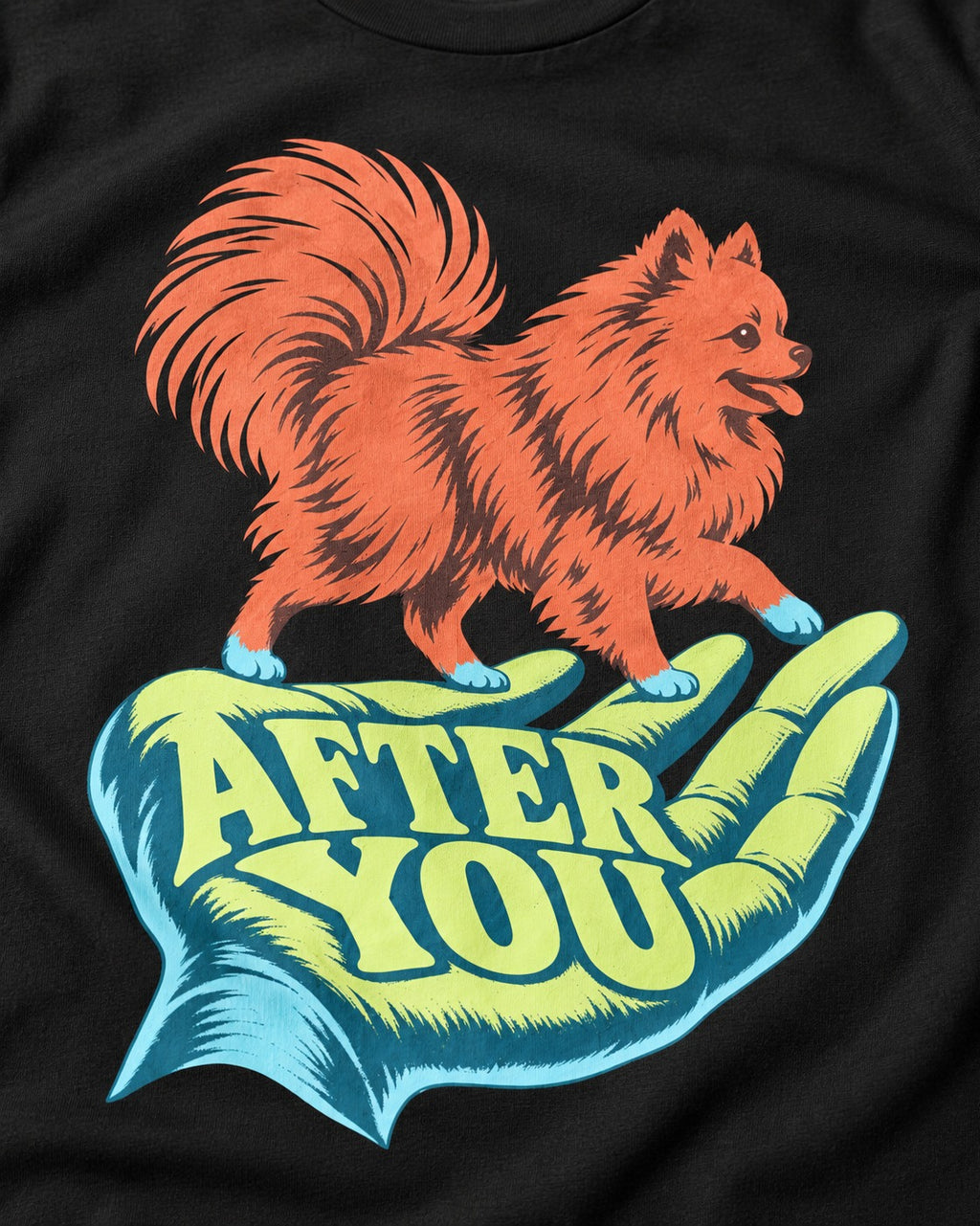 Pomeranian After You Helping Hand Graphic T-Shirt in Black, close-up of the graphic