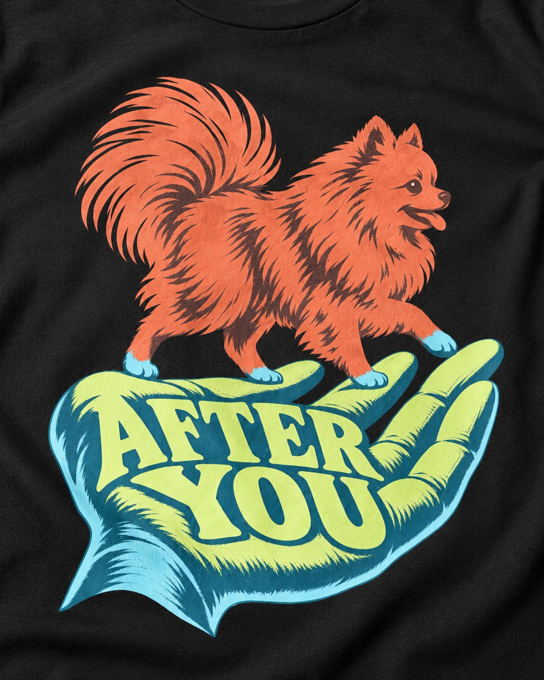 Pomeranian After You Helping Hand Graphic T-Shirt in Black, close-up of the graphic