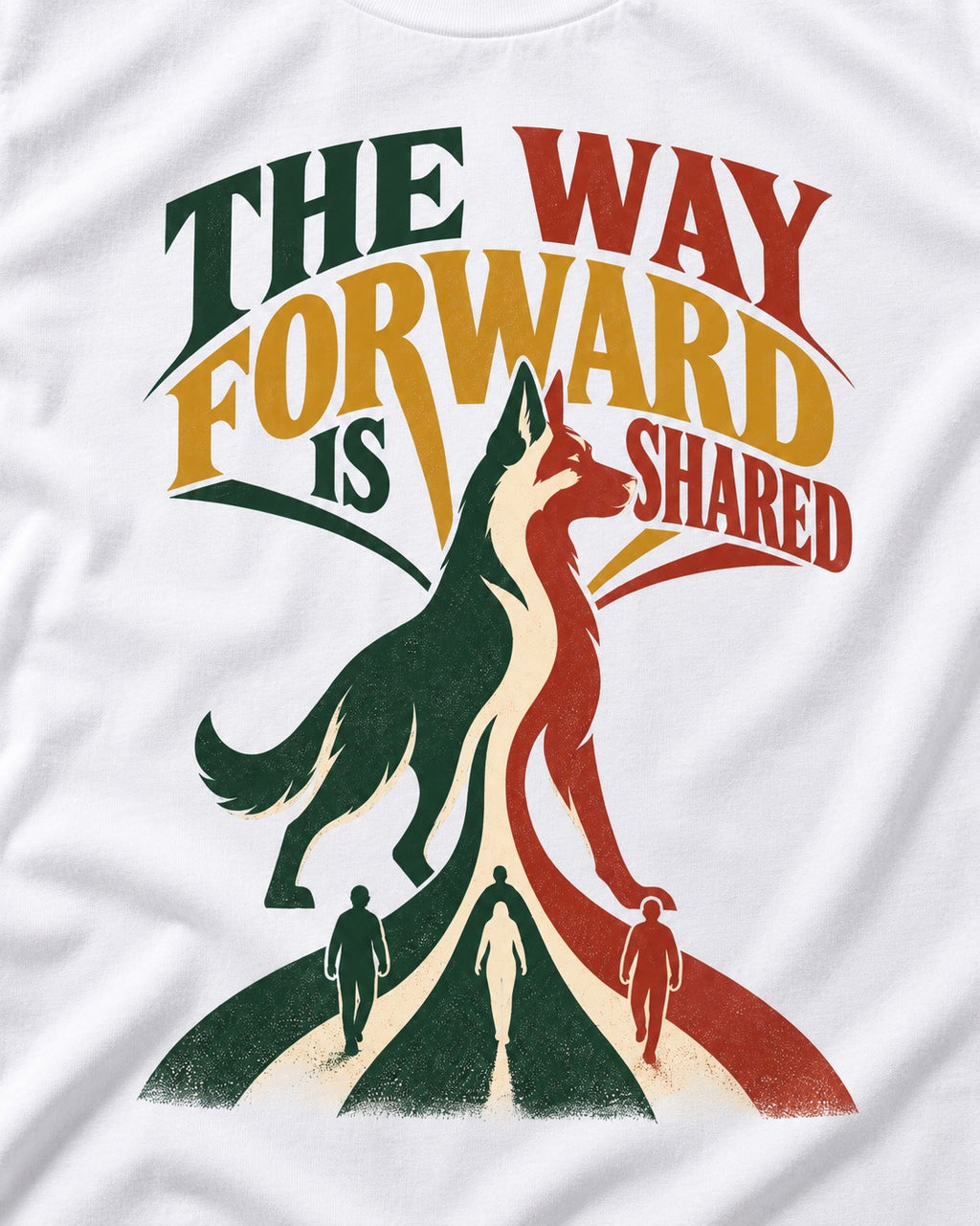 Shared Way Forward German Shepherd Dog T-Shirt in White, close-up of the graphic
