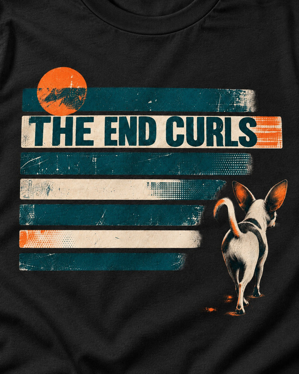 Chihuahua The End Curls Retro Stripe Graphic T-Shirt in Black, close-up of the graphic