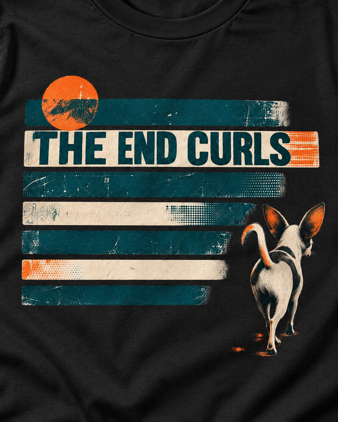 Chihuahua The End Curls Retro Stripe Graphic T-Shirt in Black, close-up of the graphic