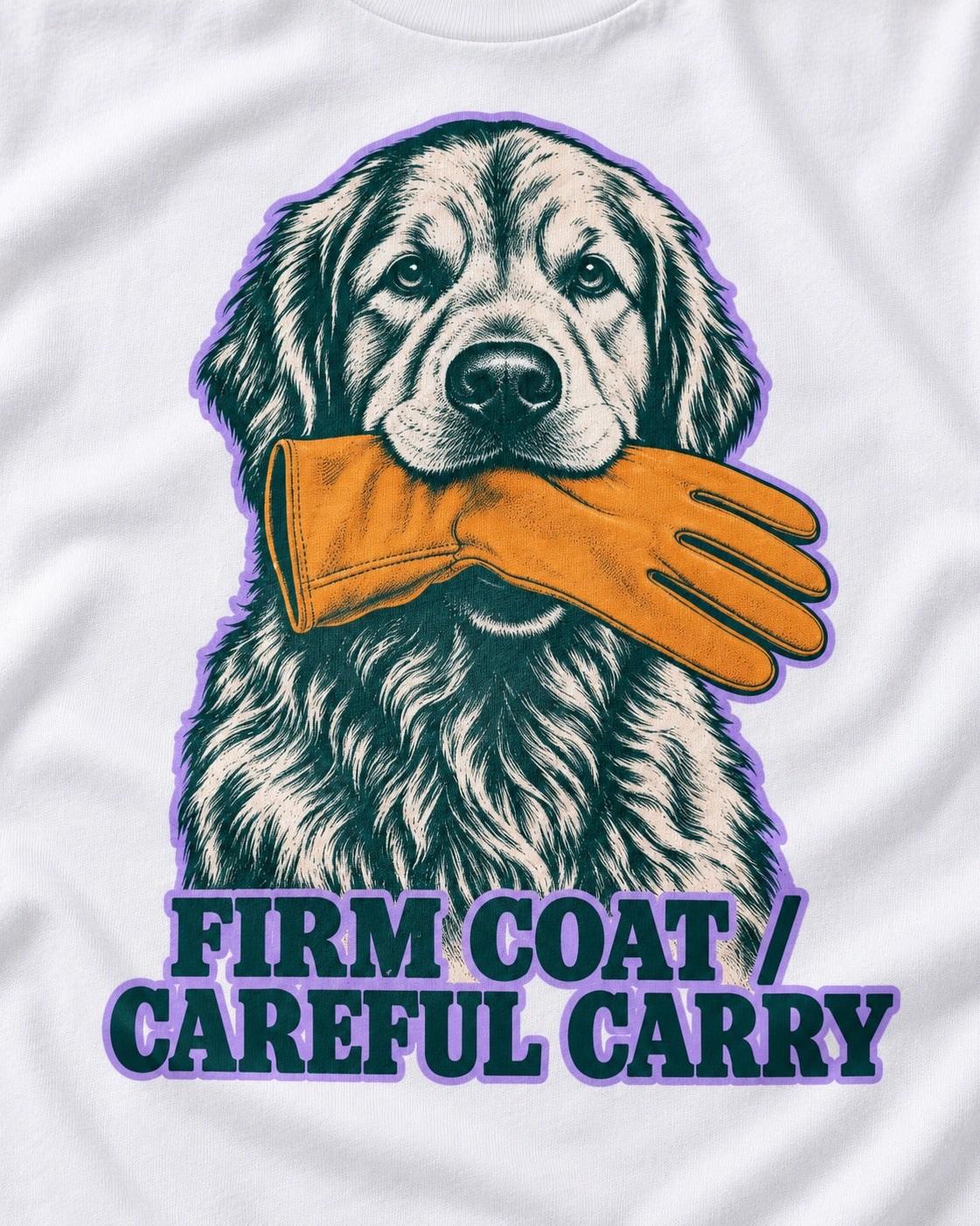 Golden Retriever Firm Coat Careful Carry T-Shirt in White, close-up of the graphic