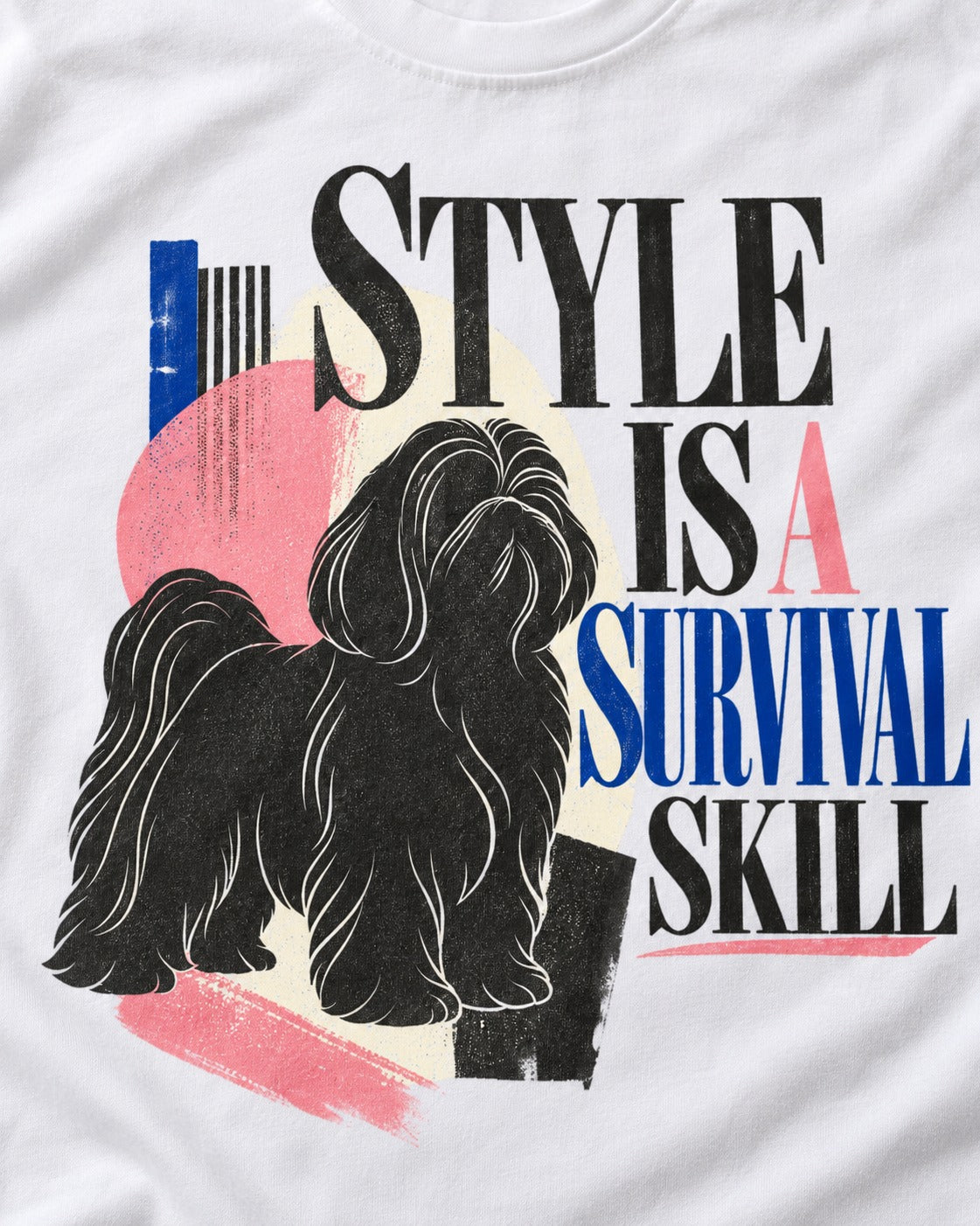 Shih Tzu Survival Skill T-Shirt in White, close-up of the graphic