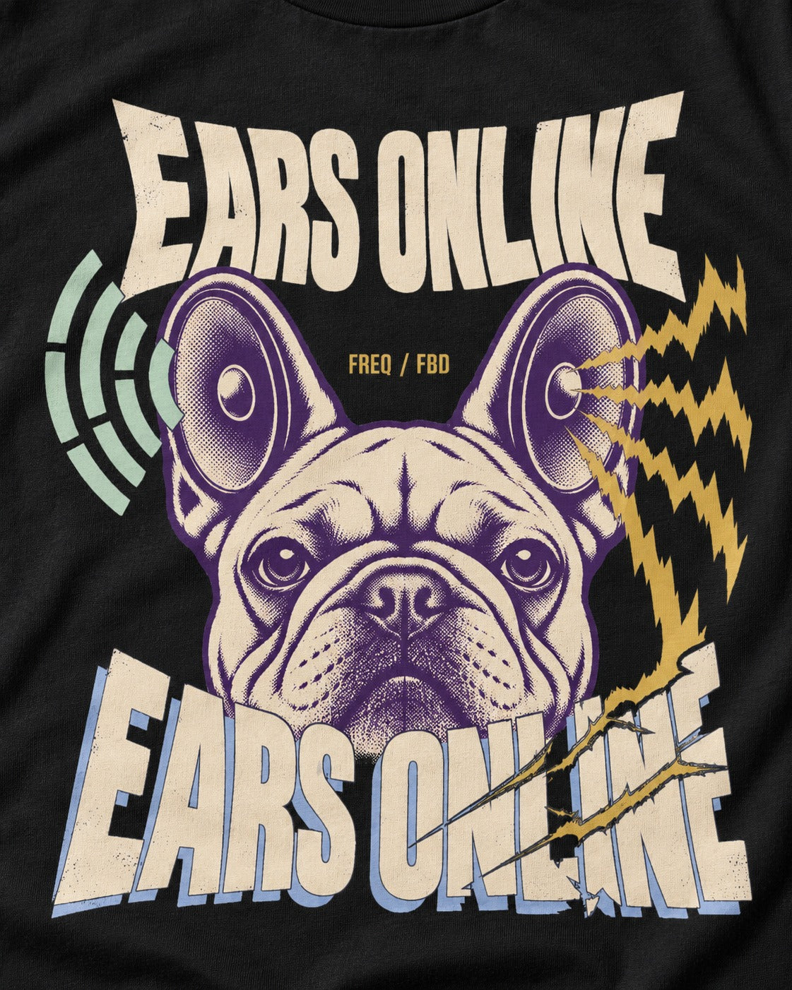Frenchie Ears Online Audio Signal Graphic T-Shirt in Black, close-up of the graphic