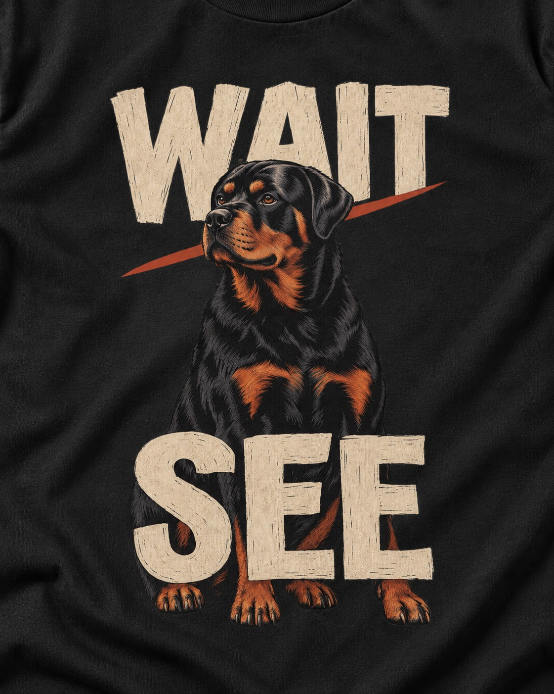 Wait See Rottweiler Seated Slash Graphic T-Shirt in Black, close-up of the graphic