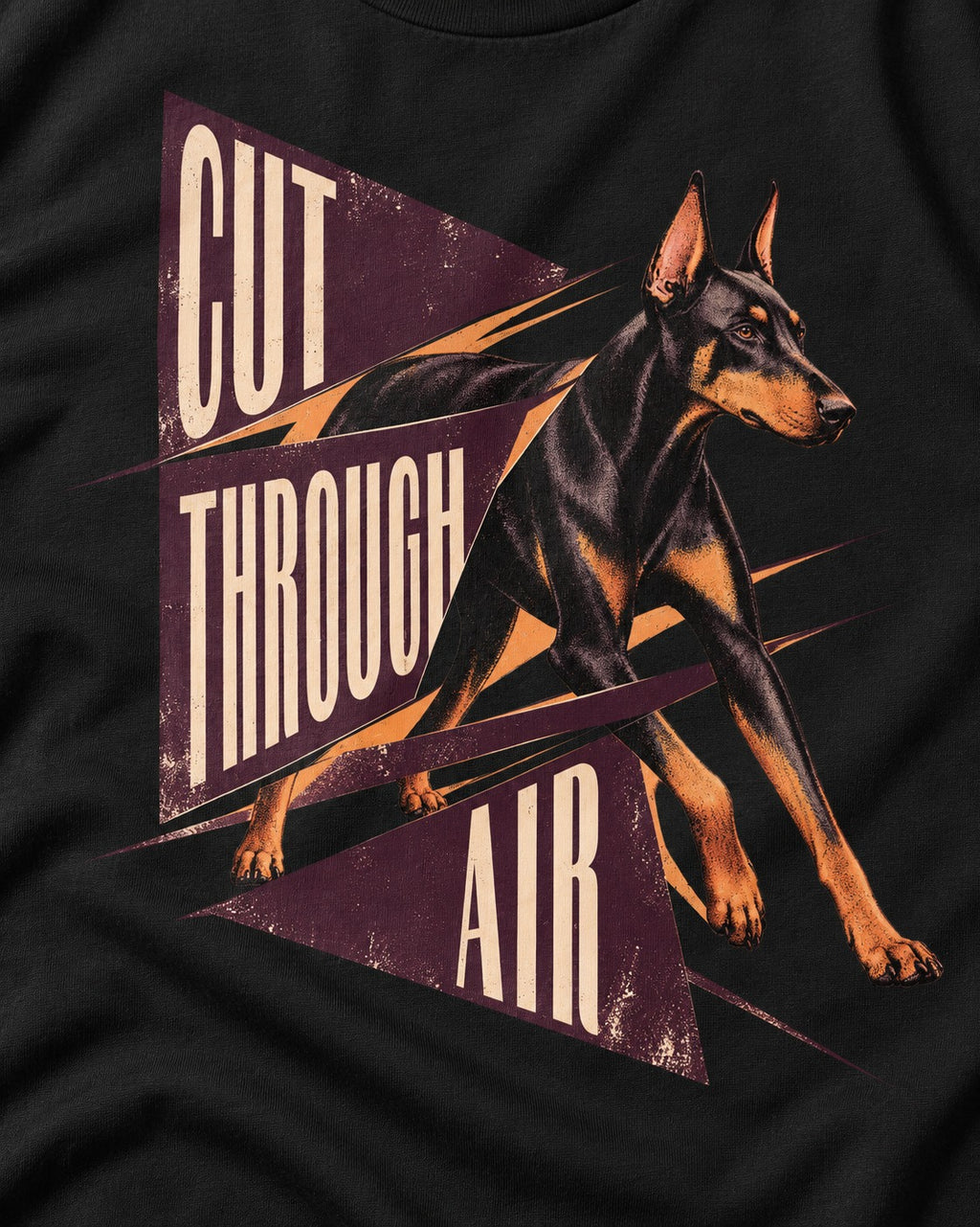 Doberman Cut Through Air Graphic T-Shirt in Black, close-up of the graphic