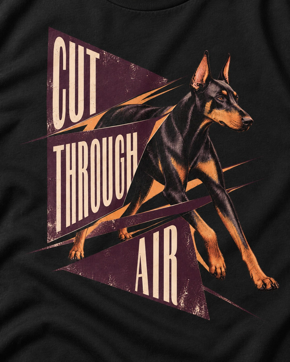 Doberman Cut Through Air Graphic T-Shirt in Black, close-up of the graphic