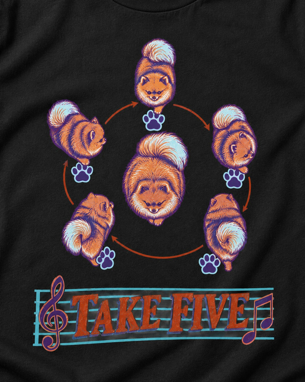 Pomeranian Take Five Choreography Cycle Graphic T-Shirt in Black, close-up of the graphic