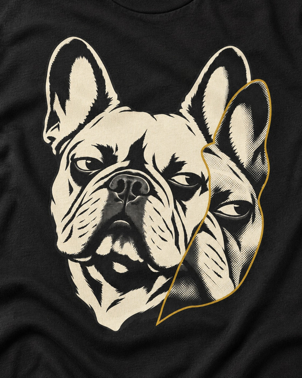 Frenchie Double Crop Side Eye Portrait Graphic T-Shirt in Black, close-up of the graphic