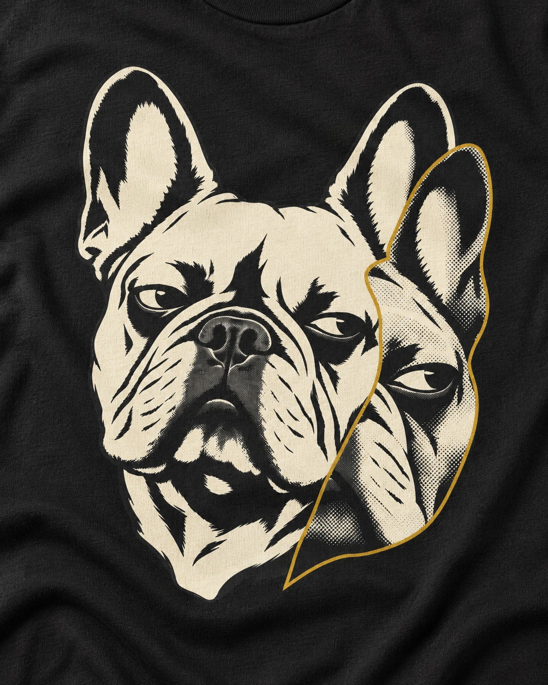 Frenchie Double Crop Side Eye Portrait Graphic T-Shirt in Black, close-up of the graphic