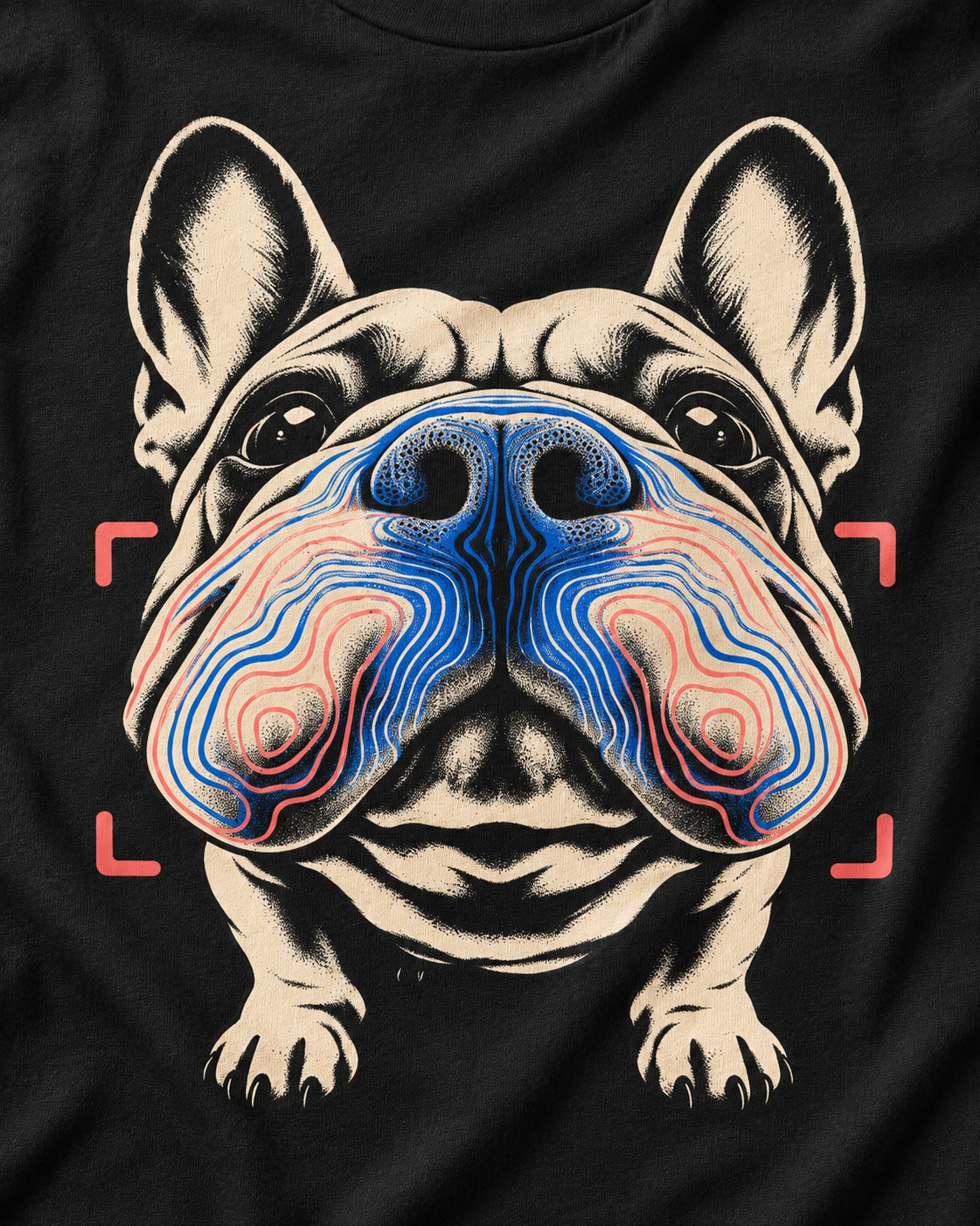 Frenchie Nose Topography Graphic T-Shirt in Black, close-up of the graphic