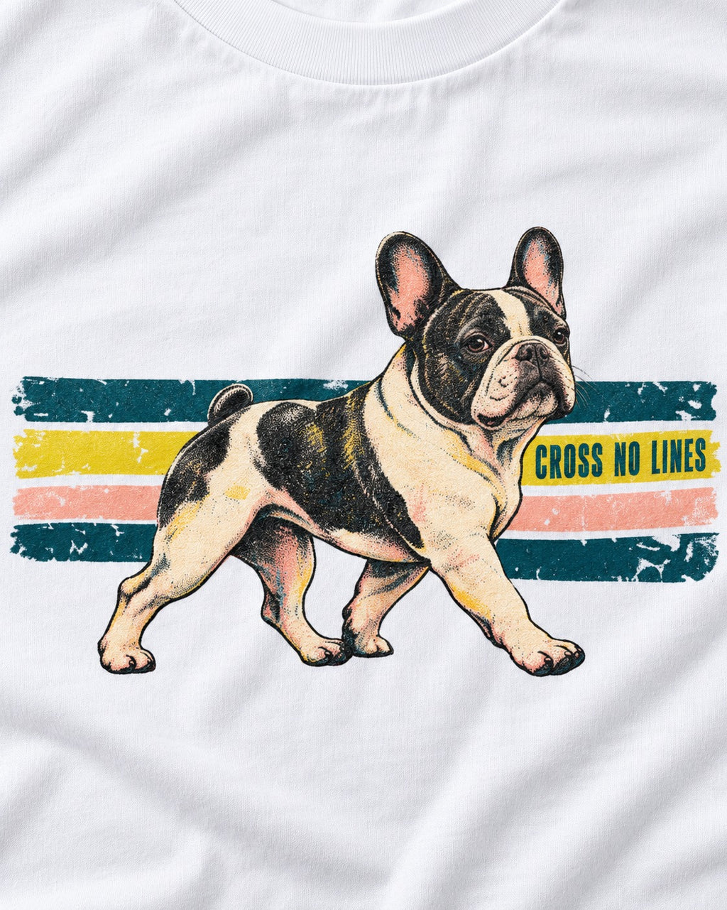 Frenchie Cross No Lines T-Shirt in White, close-up of the graphic
