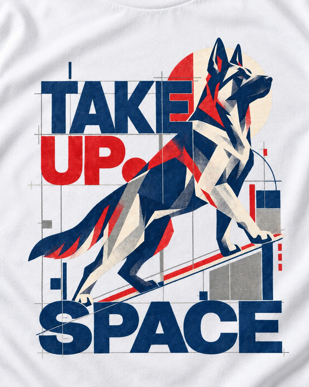 Take Up Space German Shepherd Dog T-Shirt in White, close-up of the graphic