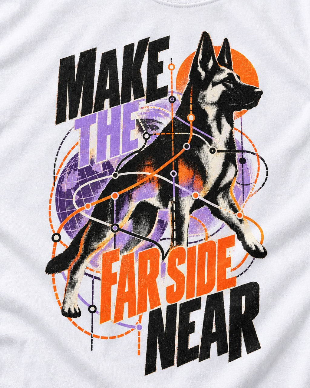 German Shepherd Dog Far Side Near T-Shirt in White, close-up of the graphic