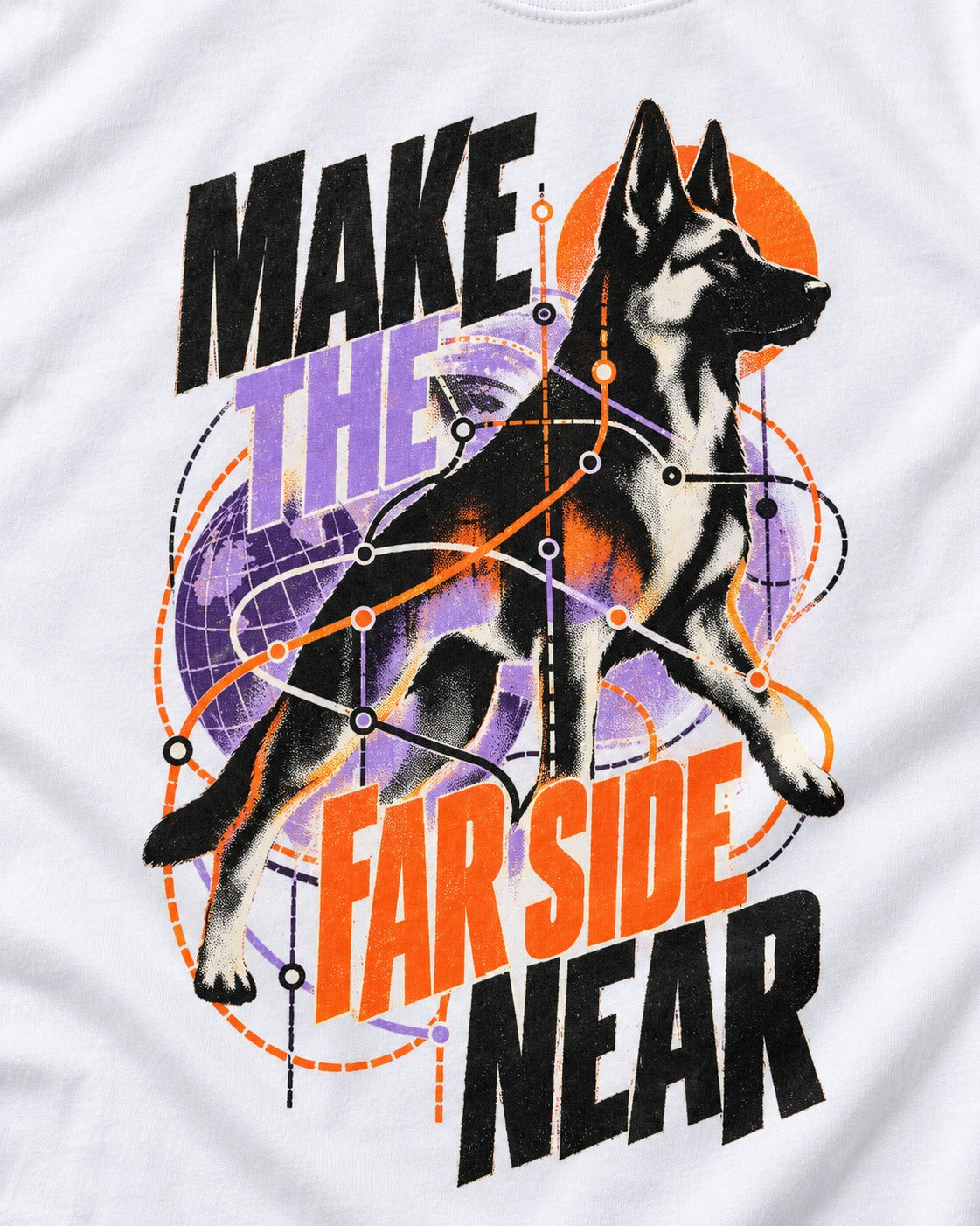 German Shepherd Dog Far Side Near T-Shirt in White, close-up of the graphic