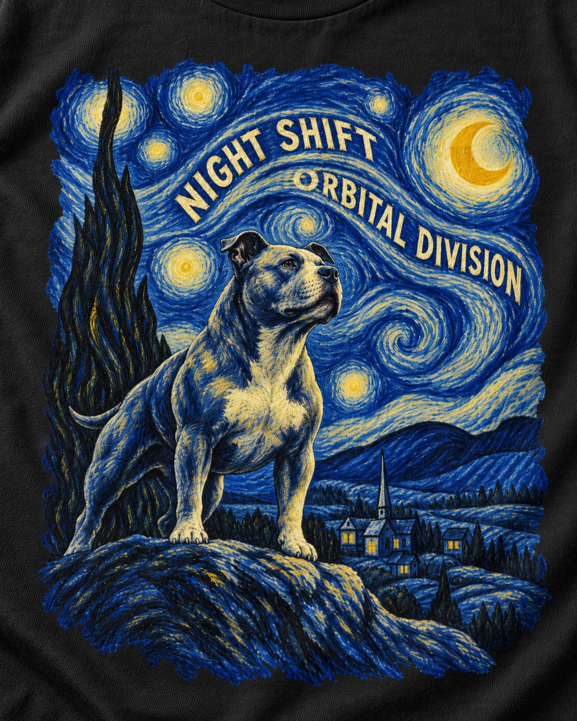 Pitbull Night Shift Orbital Division Starry Night Graphic T-Shirt in Black, close-up of the graphic