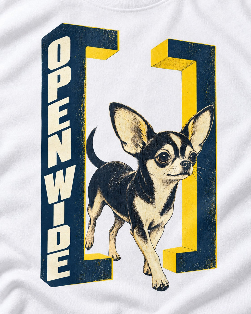 Open Wide Chihuahua T-Shirt in White, close-up of the graphic