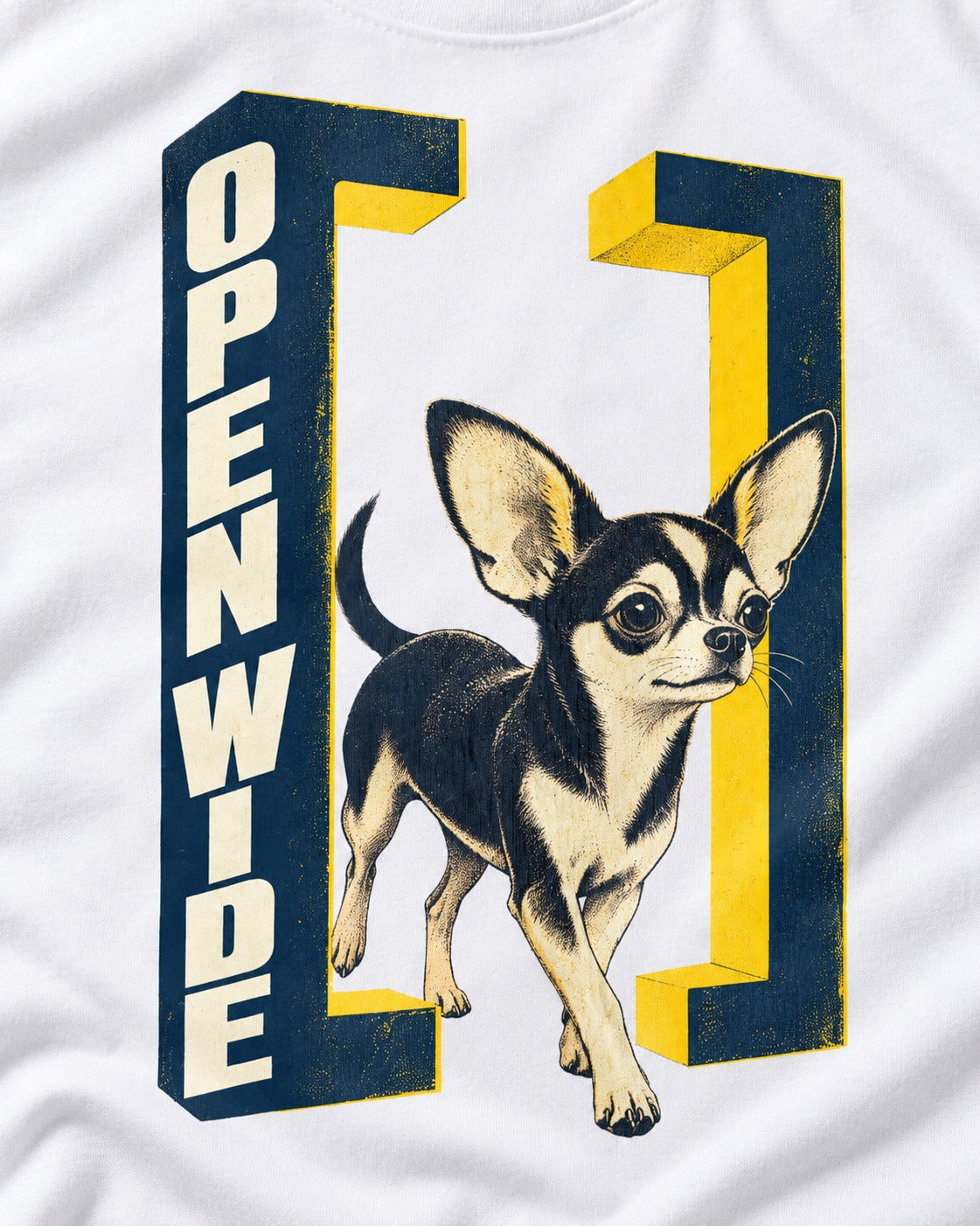 Open Wide Chihuahua T-Shirt in White, close-up of the graphic