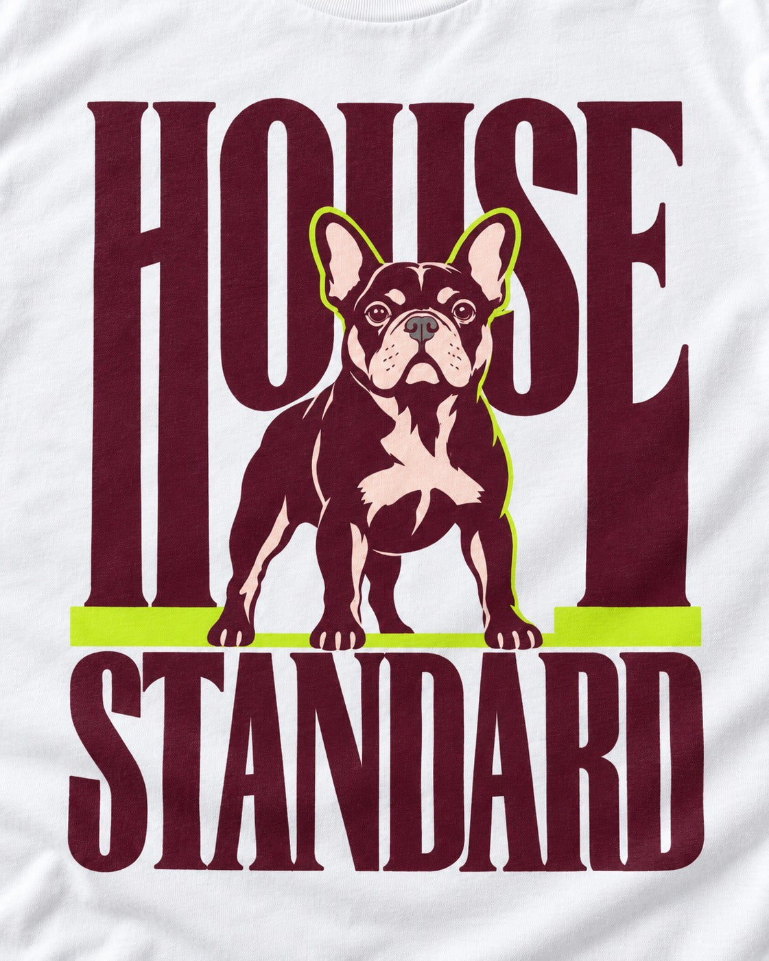 Frenchie House Standard T-Shirt in White, close-up of the graphic
