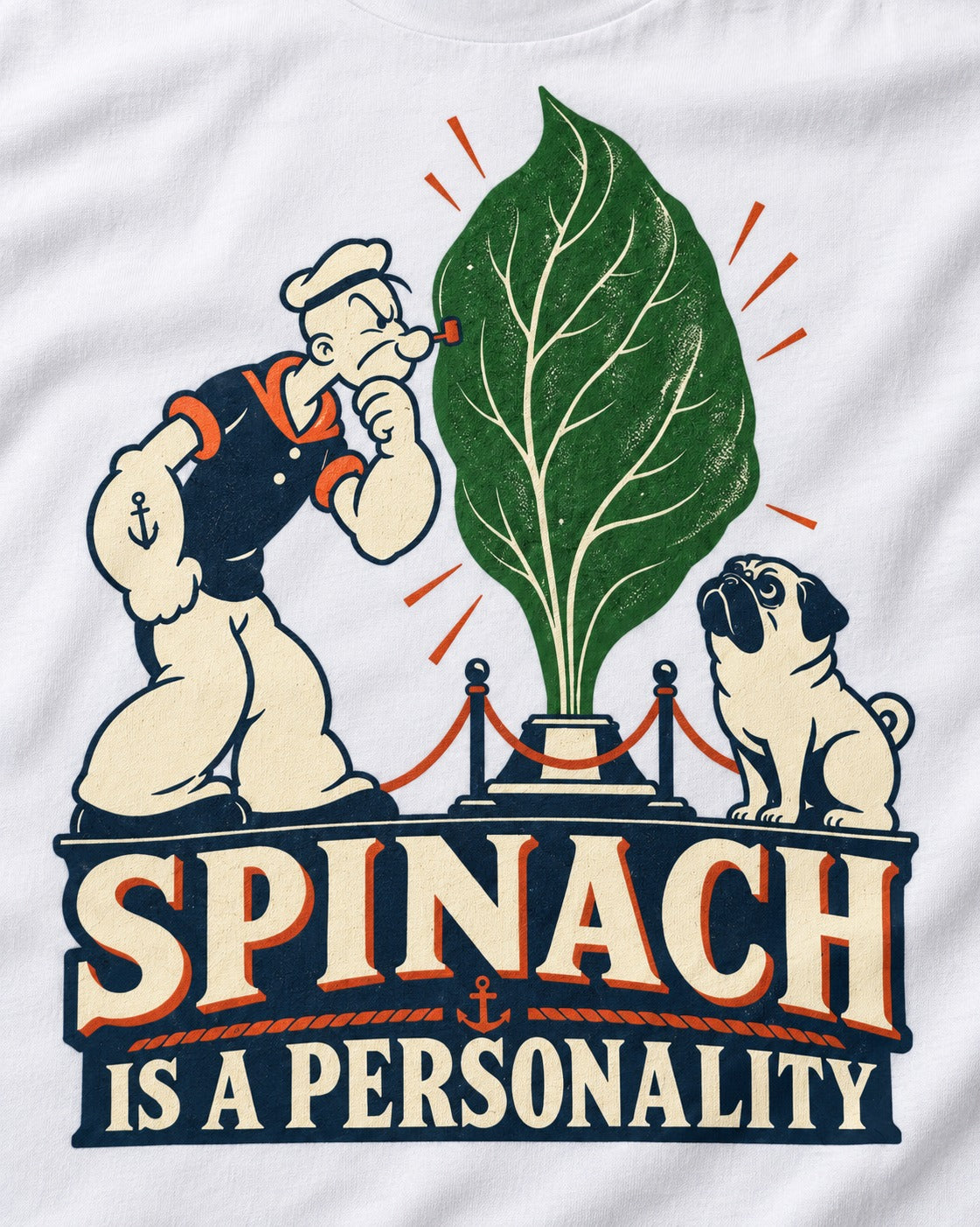 Pug Spinach Is a Personality T-Shirt in White, close-up of the graphic