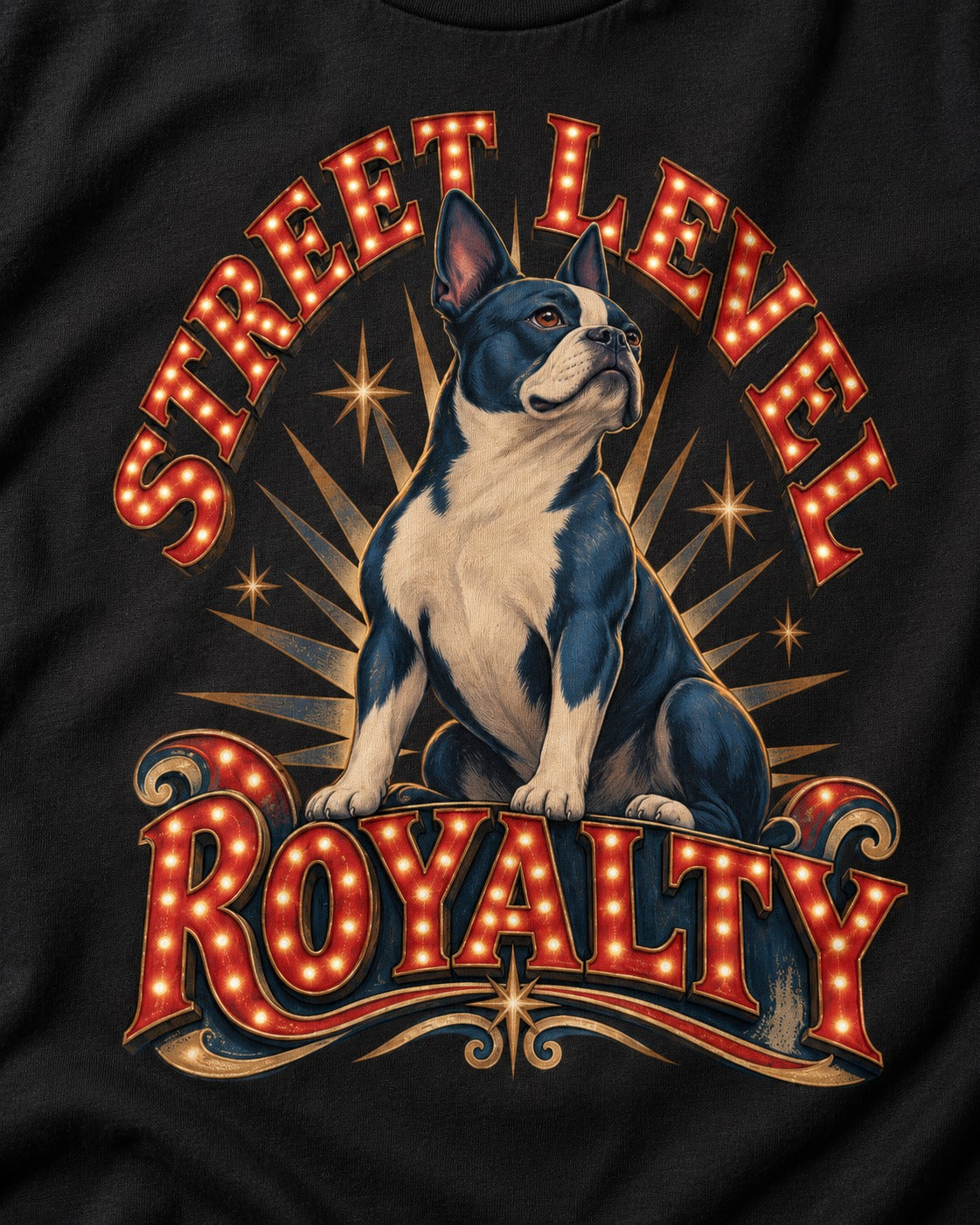 Street Level Royalty Boston Terrier T-Shirt in Black, close-up of the graphic