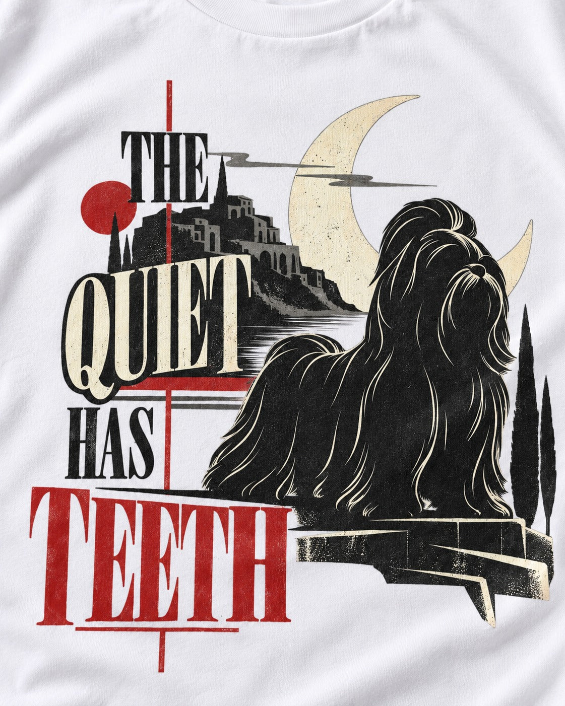The Quiet Shih Tzu Has Teeth T-Shirt in White, close-up of the graphic