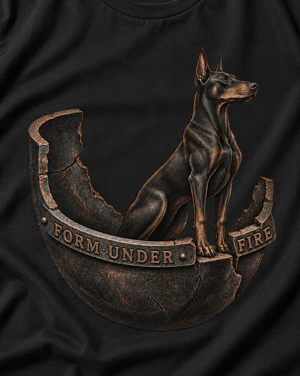 Doberman Form Under Fire Broken Shell Graphic T-Shirt in Black, close-up of the graphic