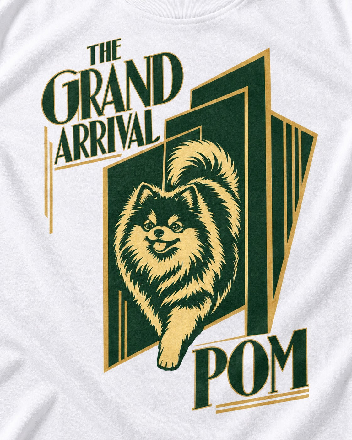 The Grand Arrival Pomeranian T-Shirt in White, close-up of the graphic