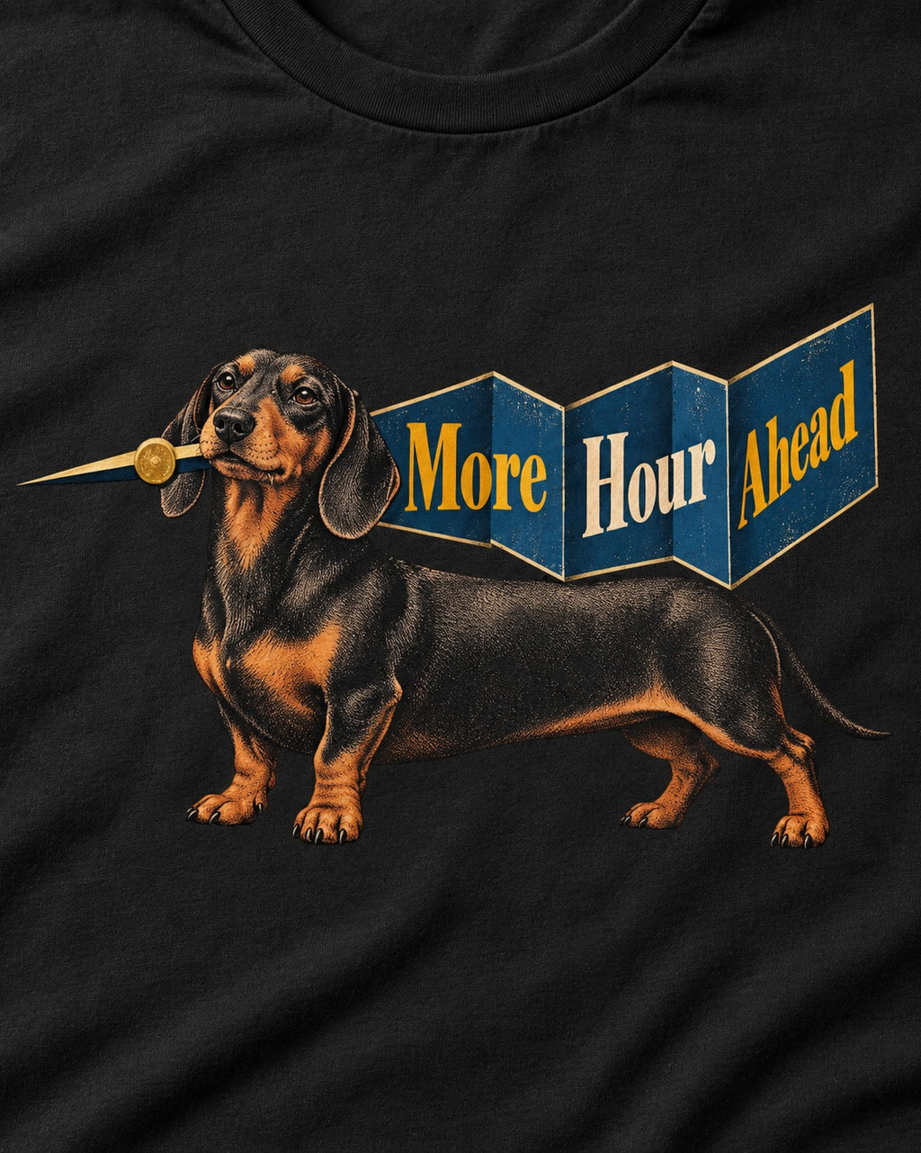 Dachshund More Hour Ahead Foldout Banner Graphic T-Shirt in Black, close-up of the graphic