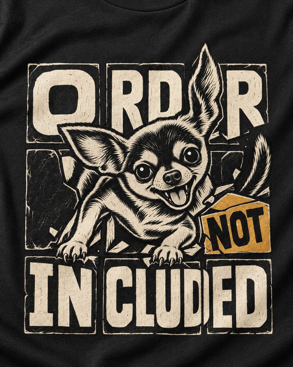 Chihuahua Order Not Included Broken Grid Graphic T-Shirt in Black, close-up of the graphic
