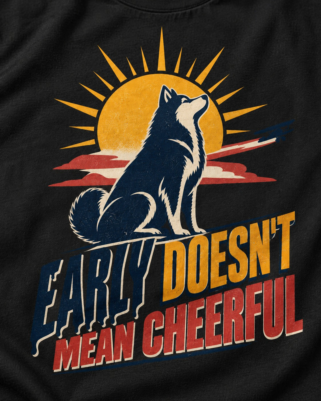 Husky Early Doesnt Mean Cheerful Sunrise Airplane Graphic T-Shirt in Black, close-up of the graphic