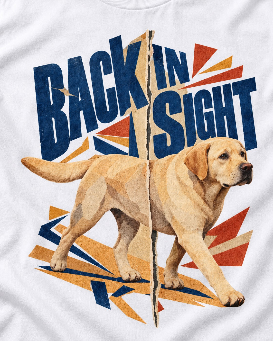 Labrador Retriever Back in Sight T-Shirt in White, close-up of the graphic