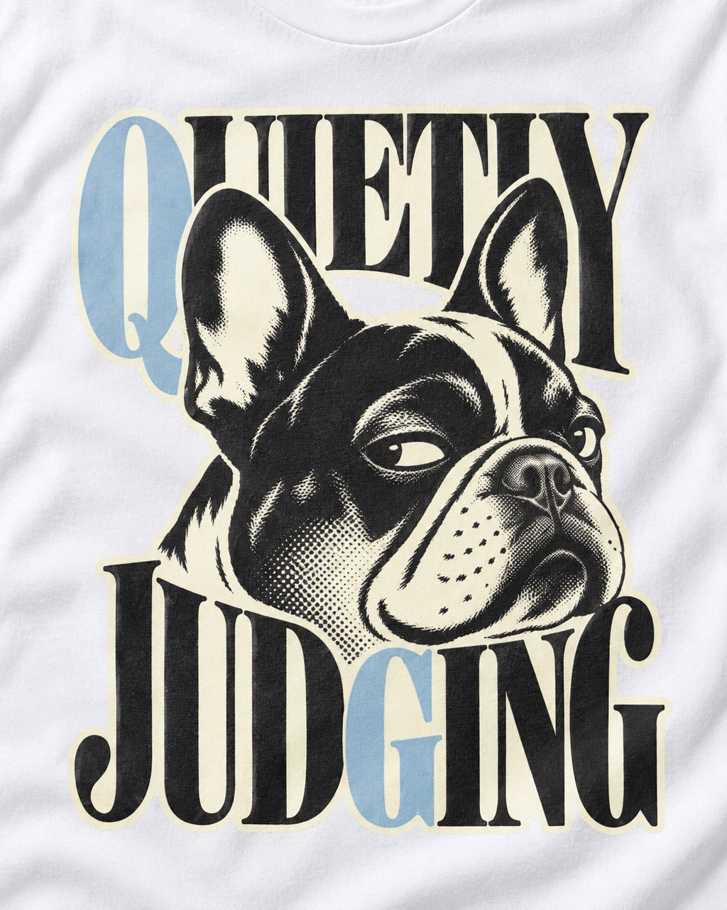 Quietly Judging Frenchie T-Shirt in White, close-up of the graphic
