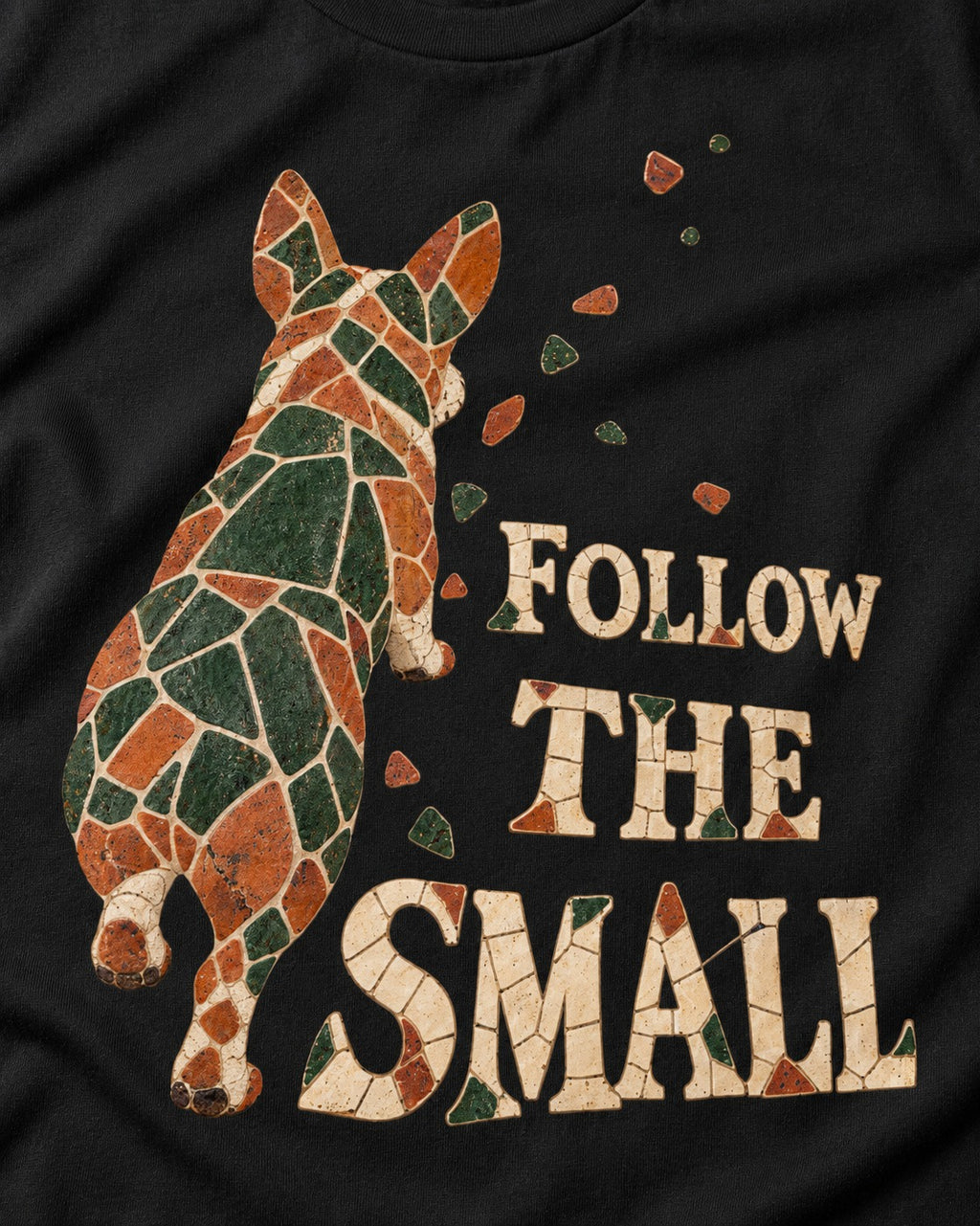 Corgi Follow the Small Mosaic T-Shirt in Black, close-up of the graphic