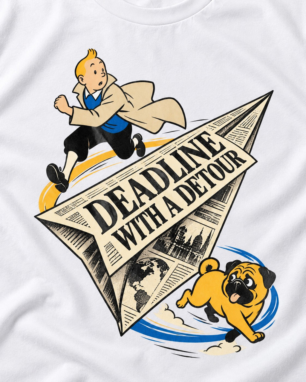 Deadline with a Pug Detour T-Shirt in White, close-up of the graphic
