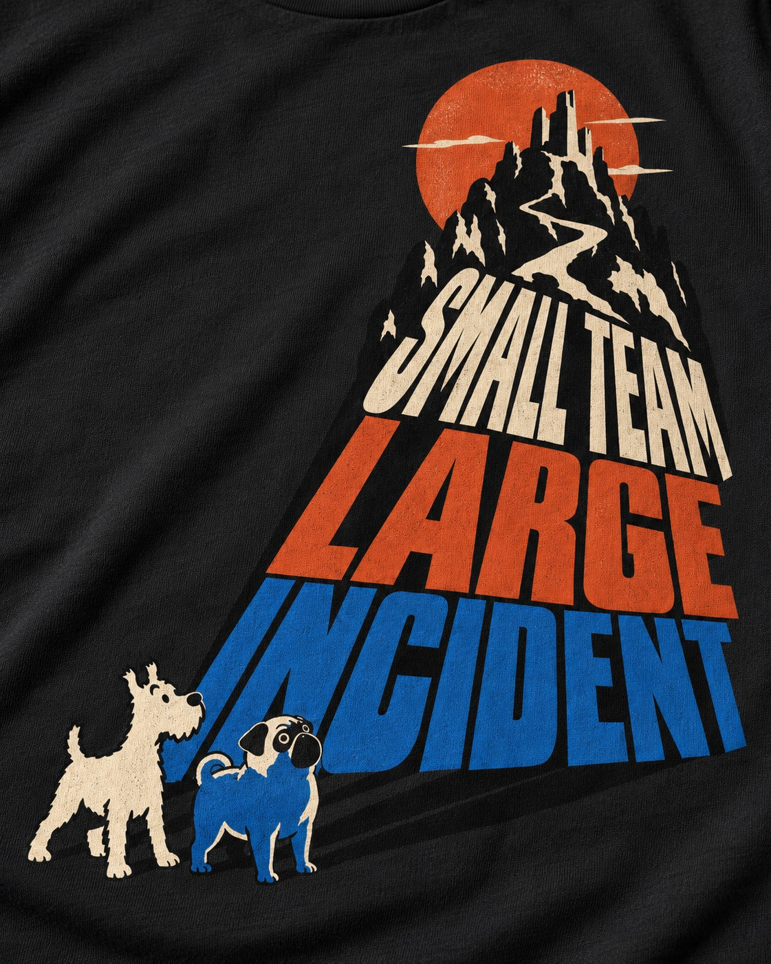 Pug Small Team Large Incident Mountain Graphic T-Shirt in Black, close-up of the graphic