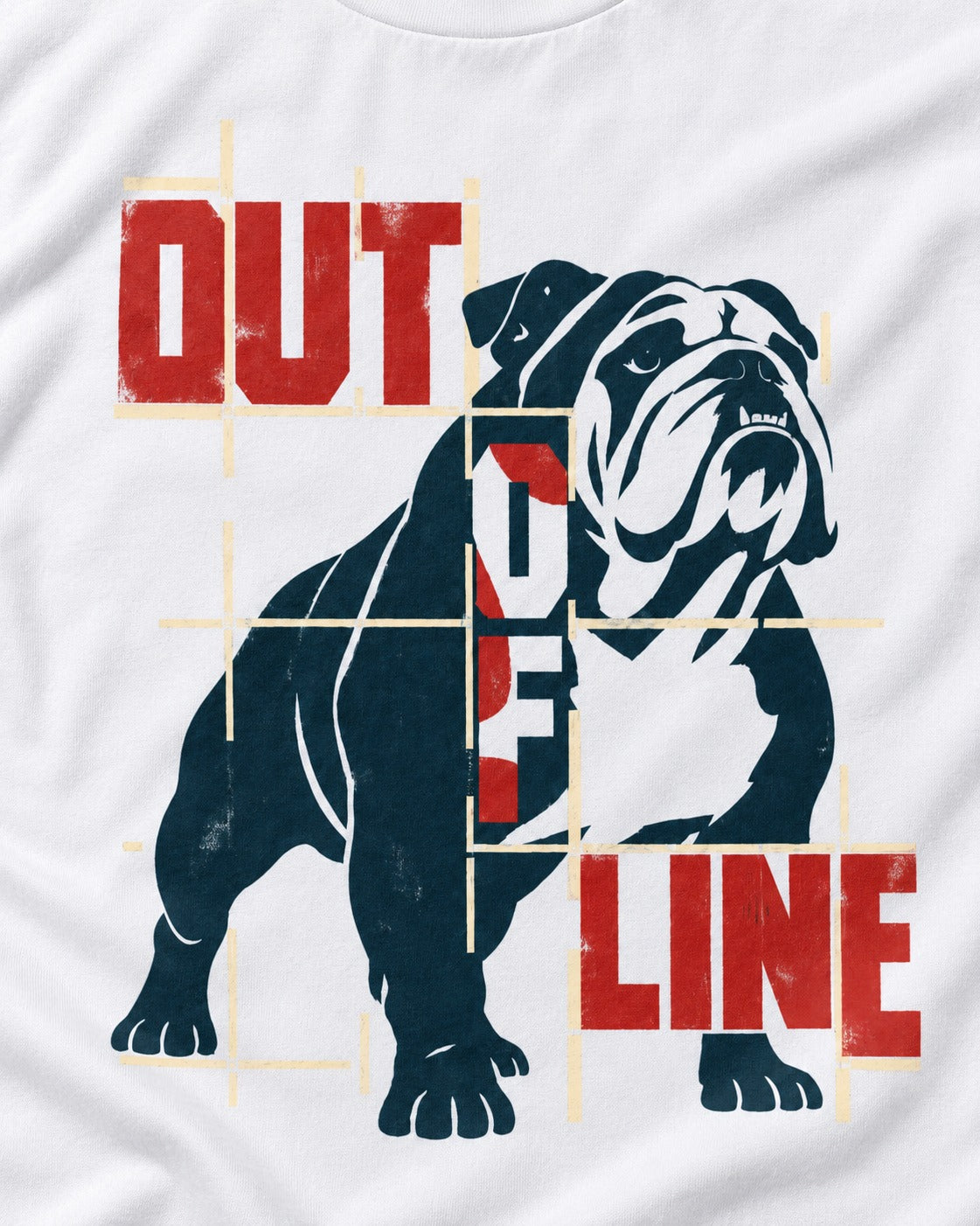 English Bulldog Out of Line T-Shirt in White, close-up of the graphic