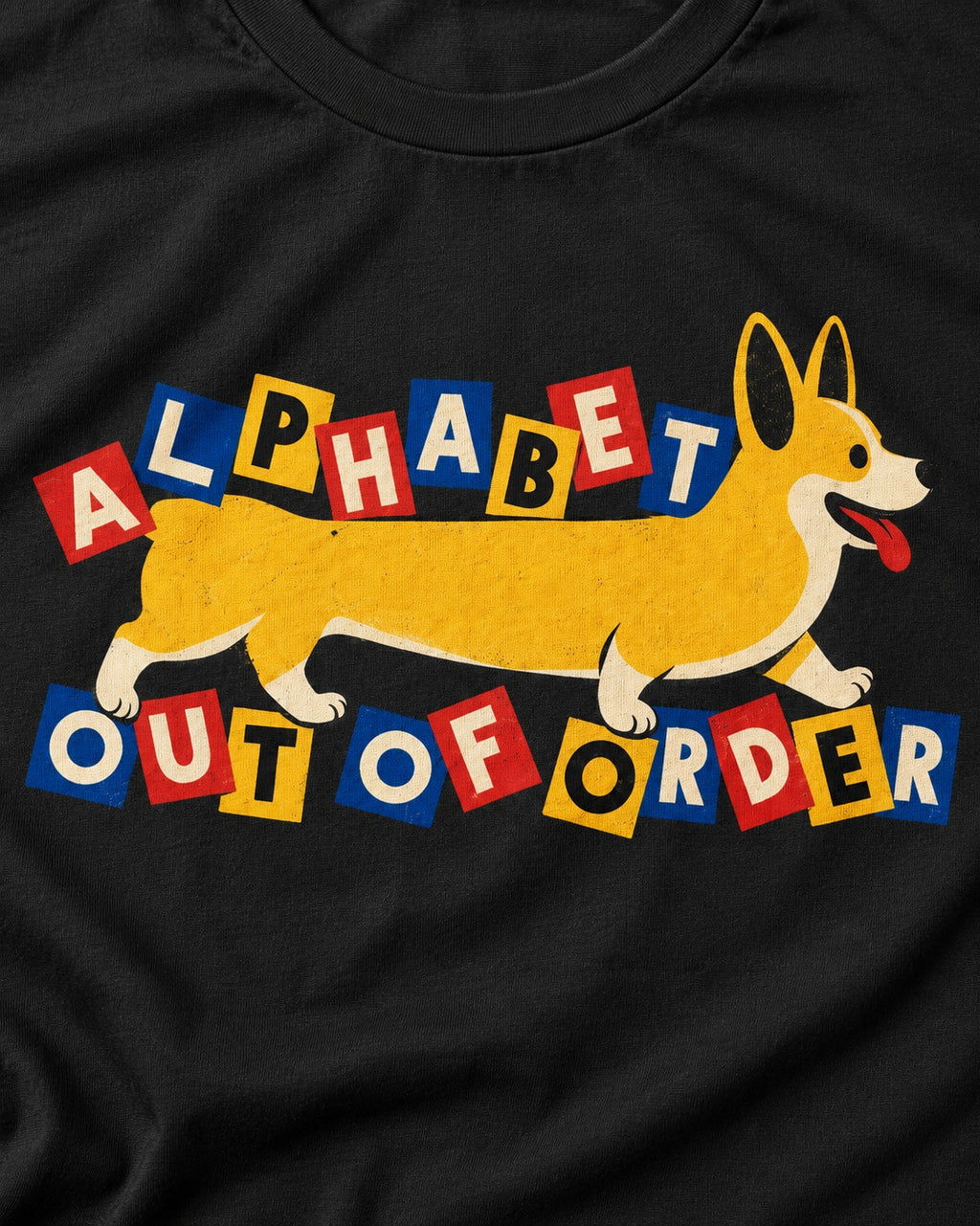 Corgi Alphabet Out of Order Graphic T-Shirt in Black, close-up of the graphic
