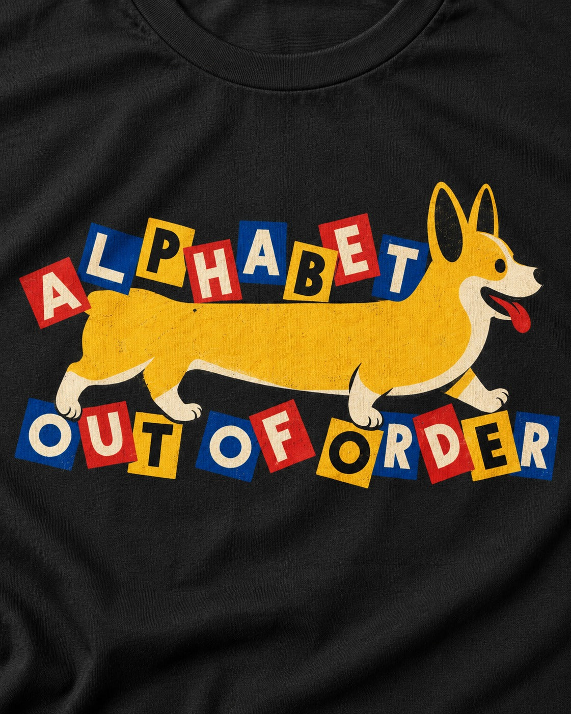 Corgi Alphabet Out of Order Graphic T-Shirt in Black, close-up of the graphic