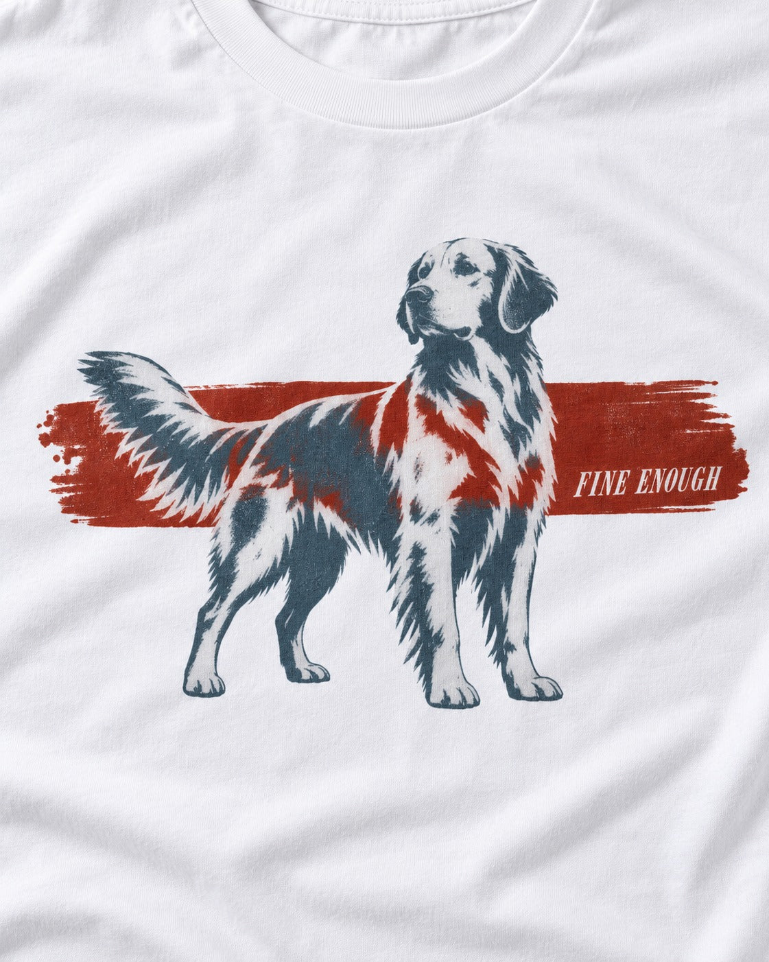 Fine Enough Golden Retriever T-Shirt in White, close-up of the graphic