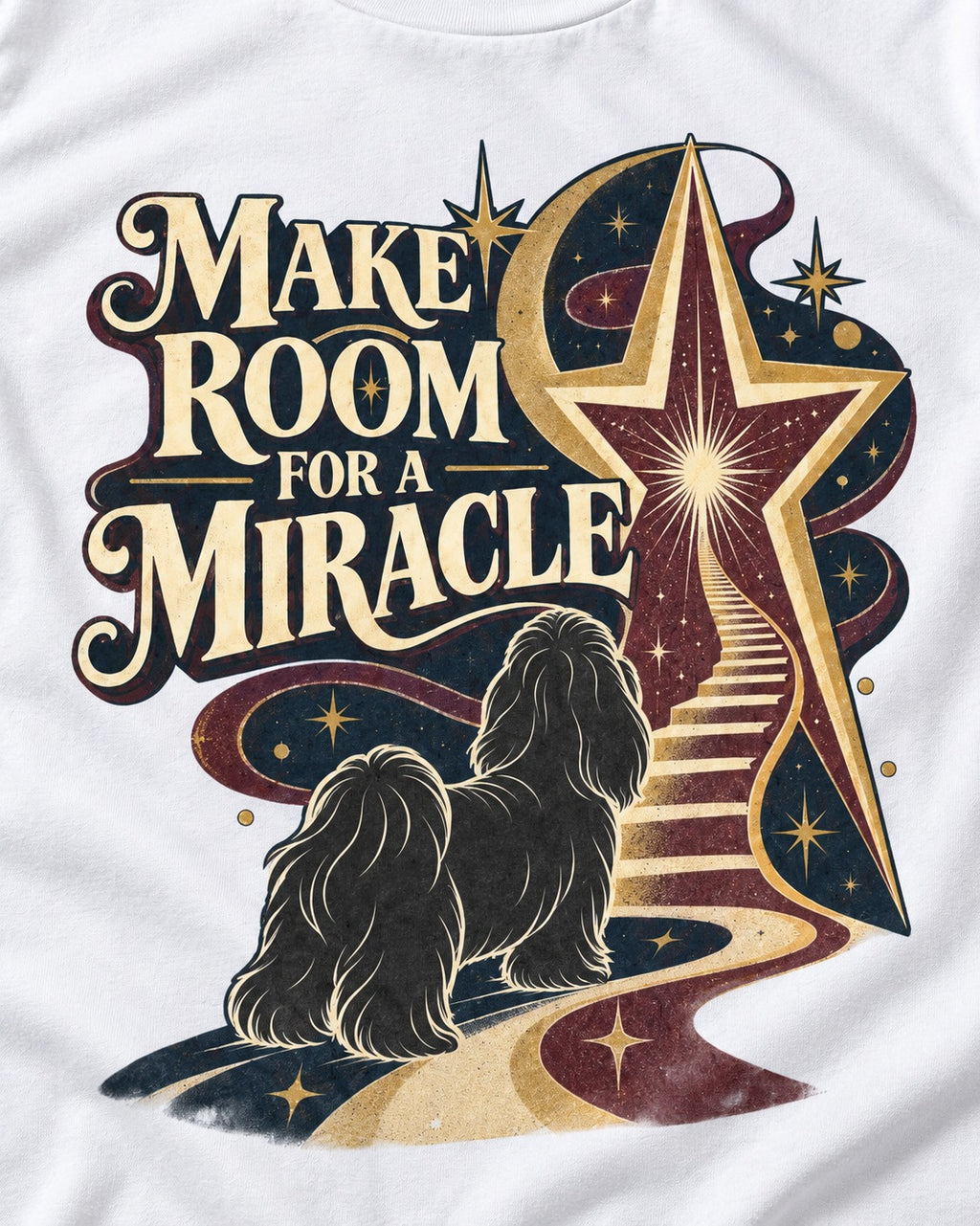Room for a Shih Tzu Miracle T-Shirt in White, close-up of the graphic
