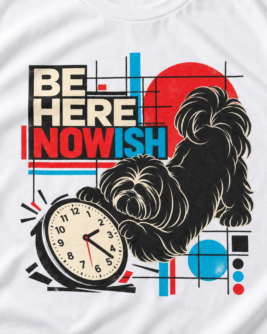 Be Here Nowish Shih Tzu T-Shirt in White, close-up of the graphic