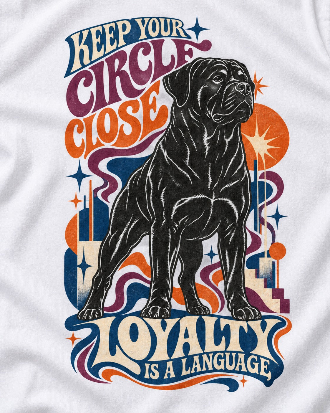 Keep Your Rottweiler Circle Close T-Shirt in White, close-up of the graphic