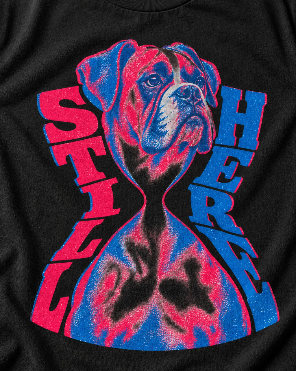 Stay Here Boxer Duotone Portrait T-Shirt in Black, close-up of the graphic