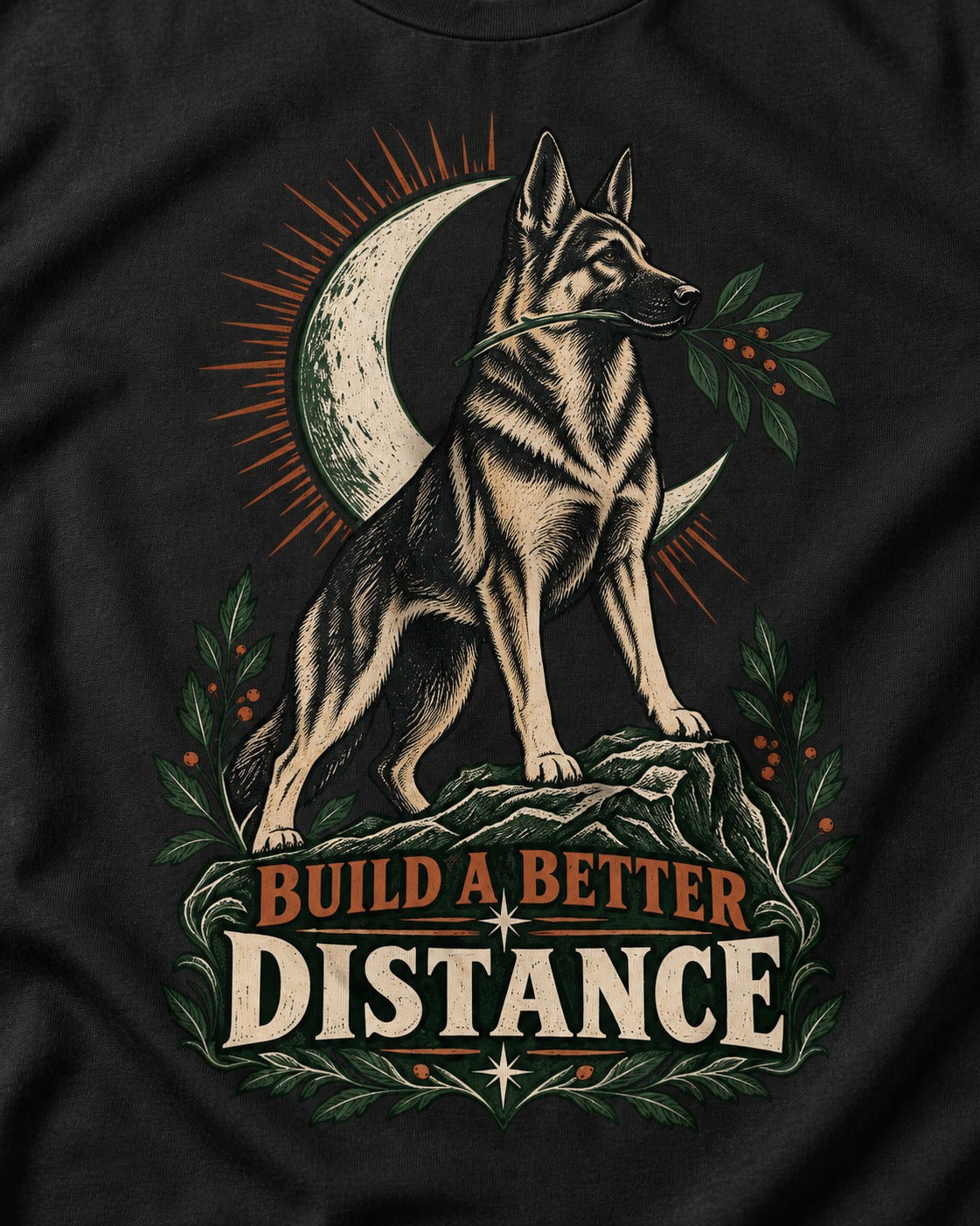 Build A Better Distance Moon Woodcut German Shepherd Dog Graphic T-Shirt in Black, close-up of the graphic