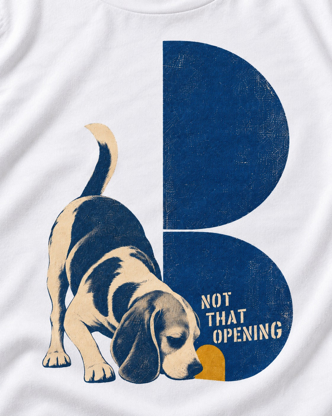 Not That Opening Beagle T-Shirt in White, close-up of the graphic