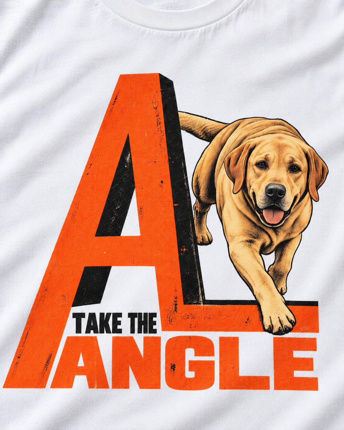 Take the Angle Labrador Retriever T-Shirt in White, close-up of the graphic