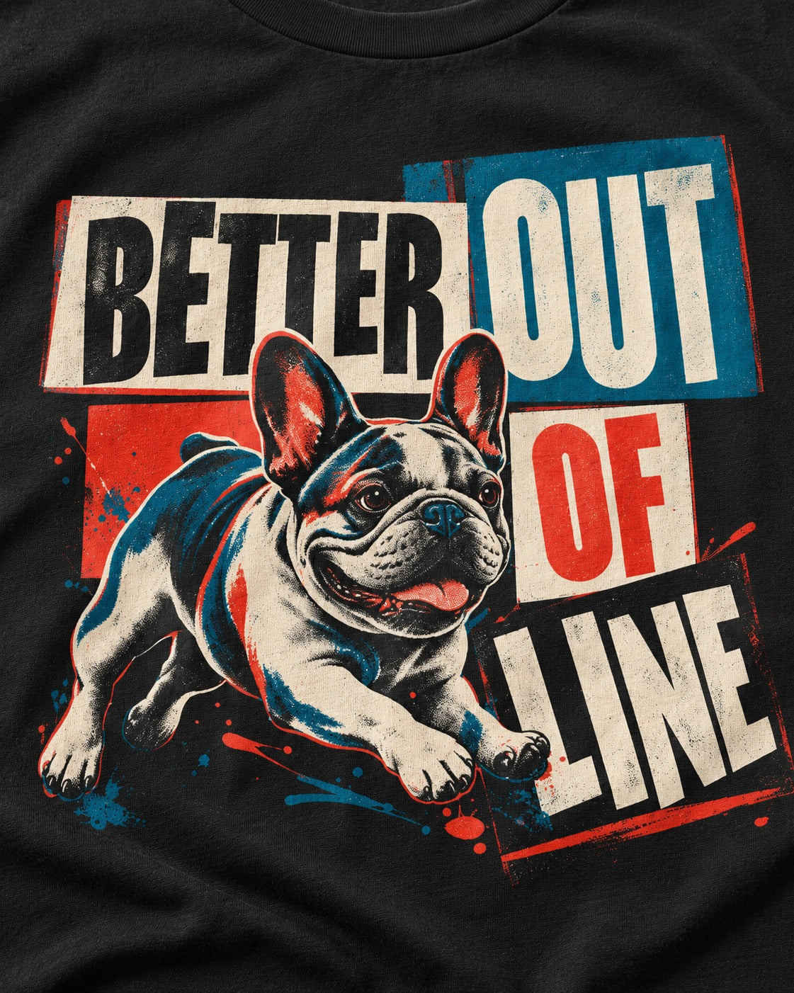Frenchie Better Out of Line Running Graphic T-Shirt in Black, close-up of the graphic